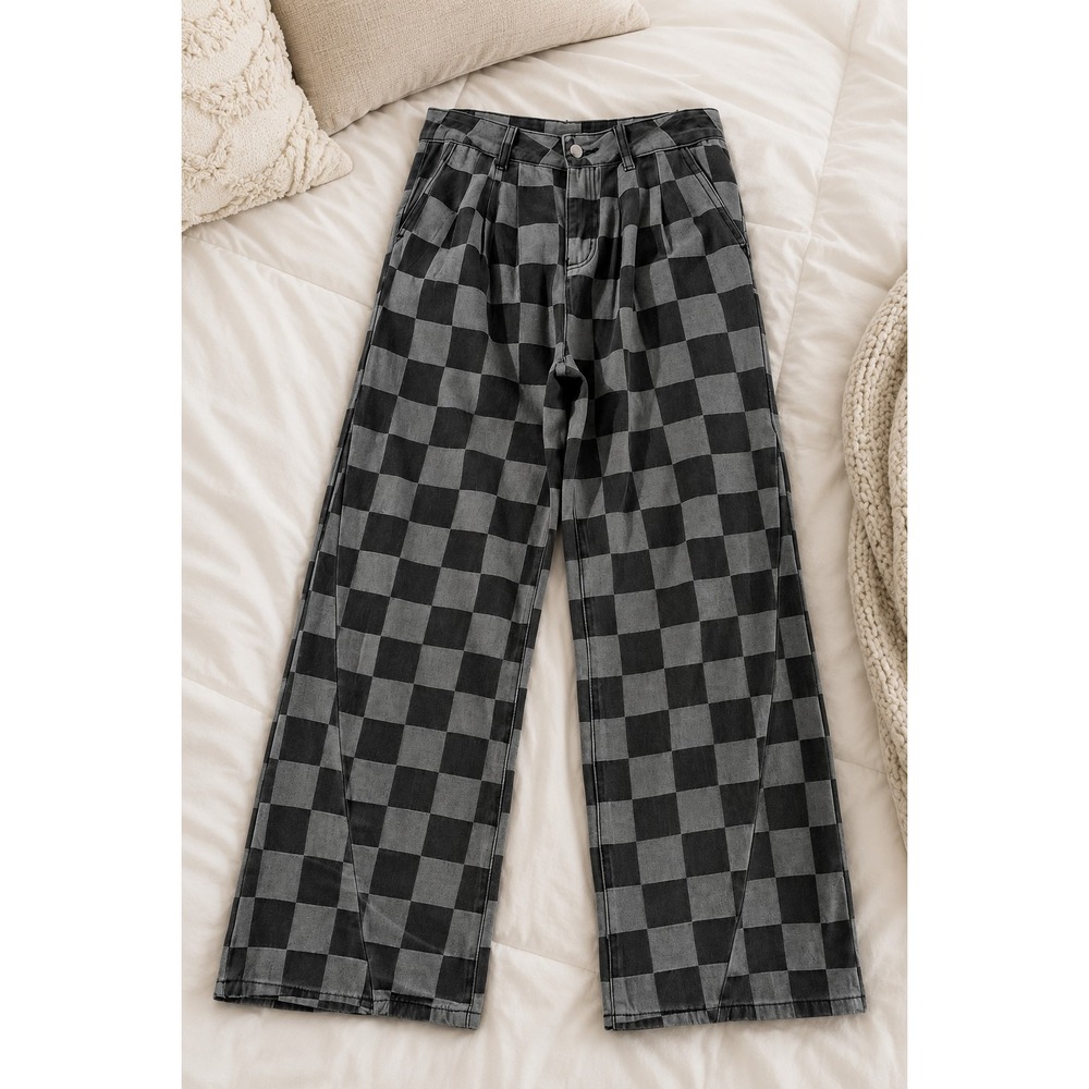 Women's Dear Lover Checkered Wide Leg Black/Gray Denim Pants Size 16 New Trendy
